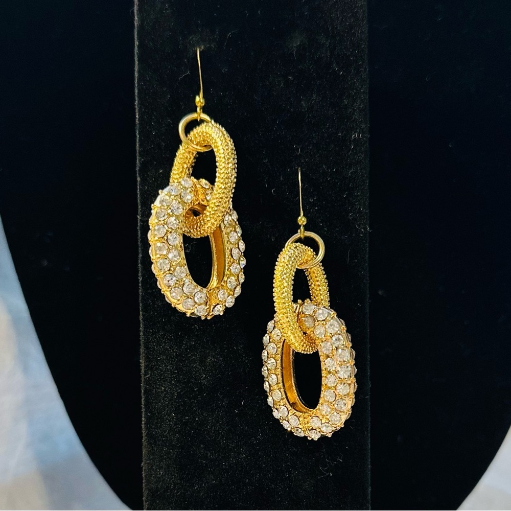 Elegant Gold and Rhinestone Hoop Earrings.  Fish hook earrings